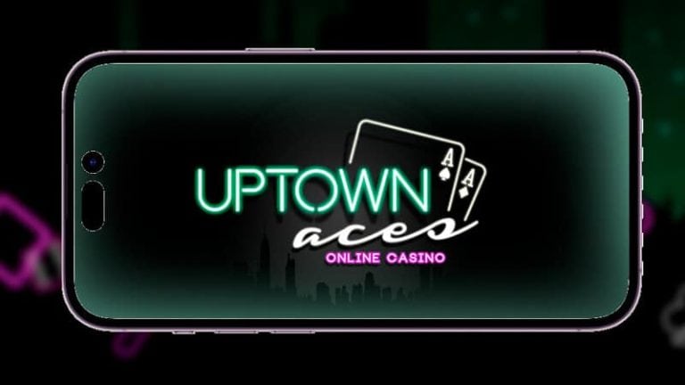 UPTOWN Aces online casino logo on smartphone scree.  Uptown Casino Online Canada